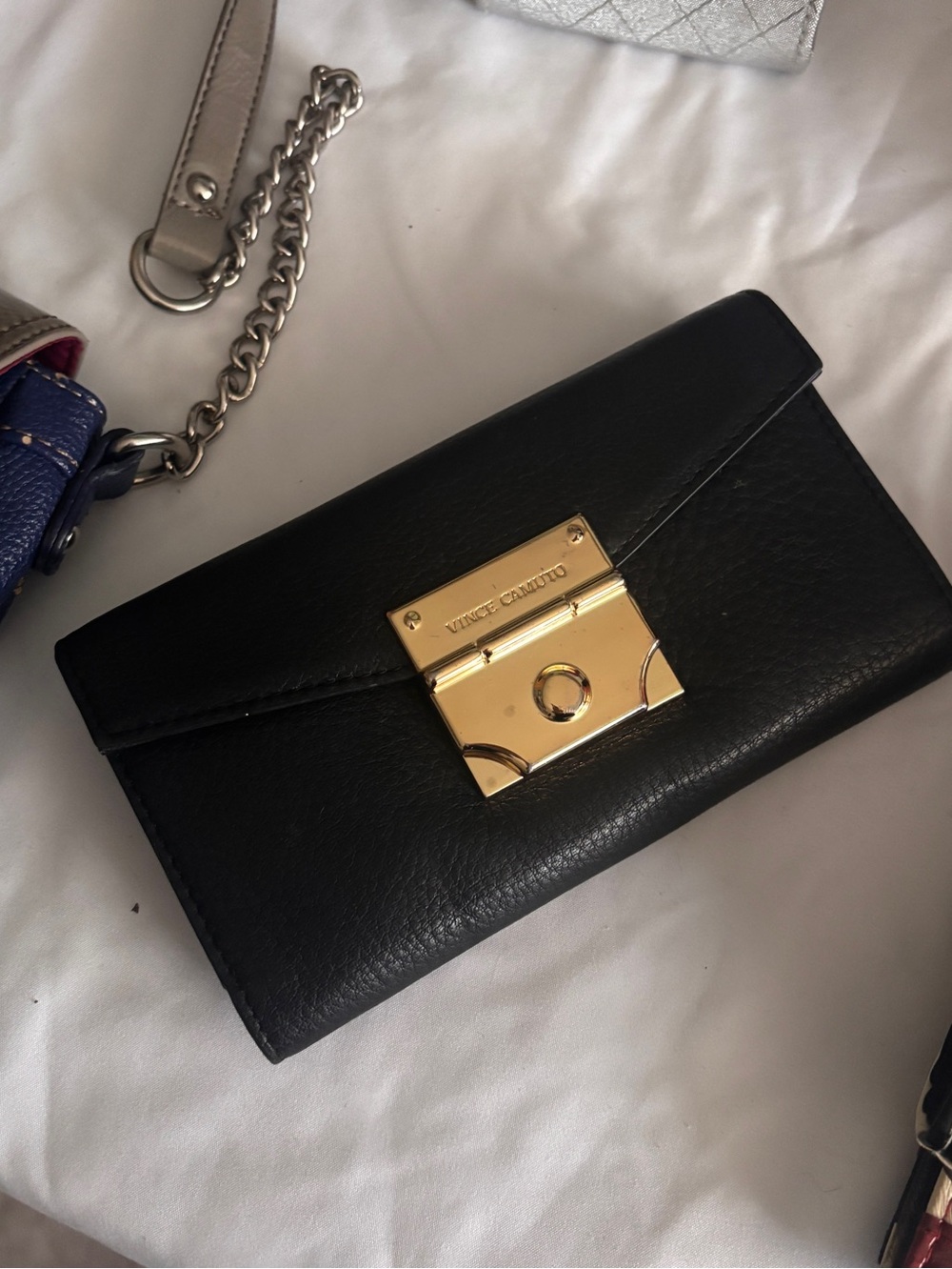 Vince Camuto Black Leather Clutch Wallet with Gold-Tone Magnetic Lock